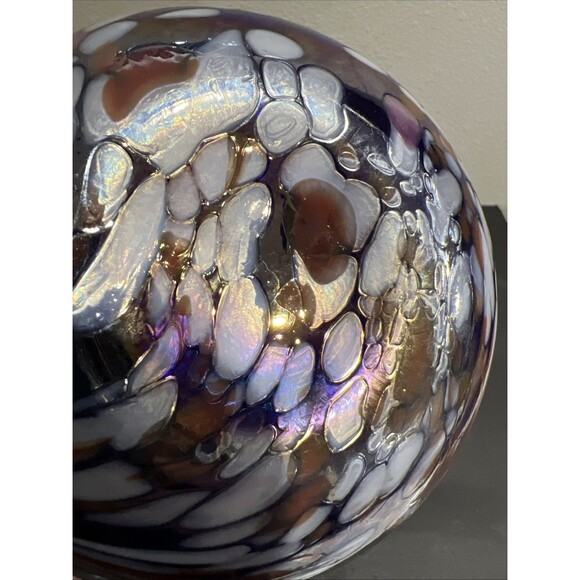 Art Glass Globe Vase with Purple Blue Brown Swirls Sphere Vintage - Picture 15 of 15